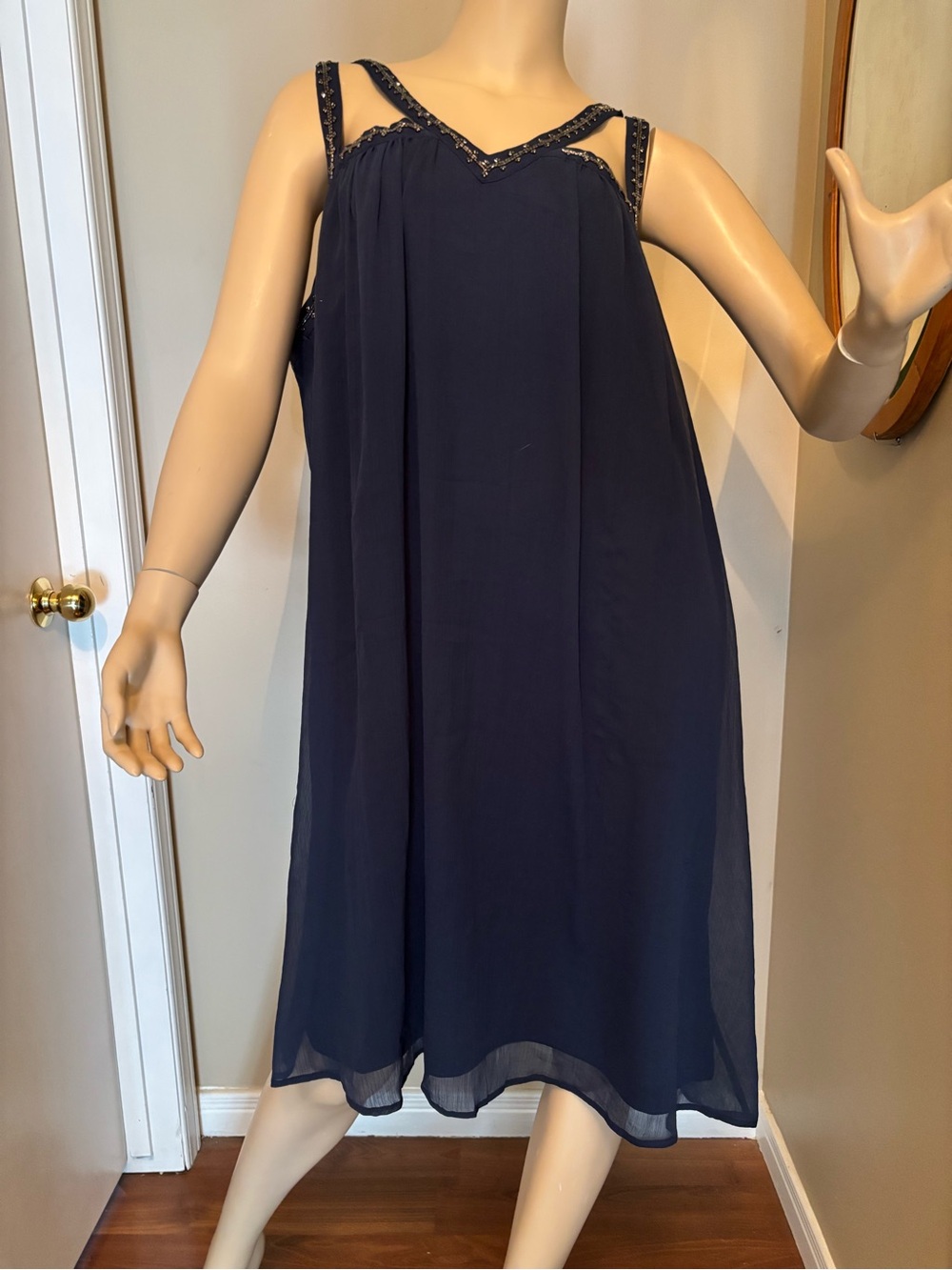 Junarose Navy Sleeveless Midi Dress with Embellished Straps